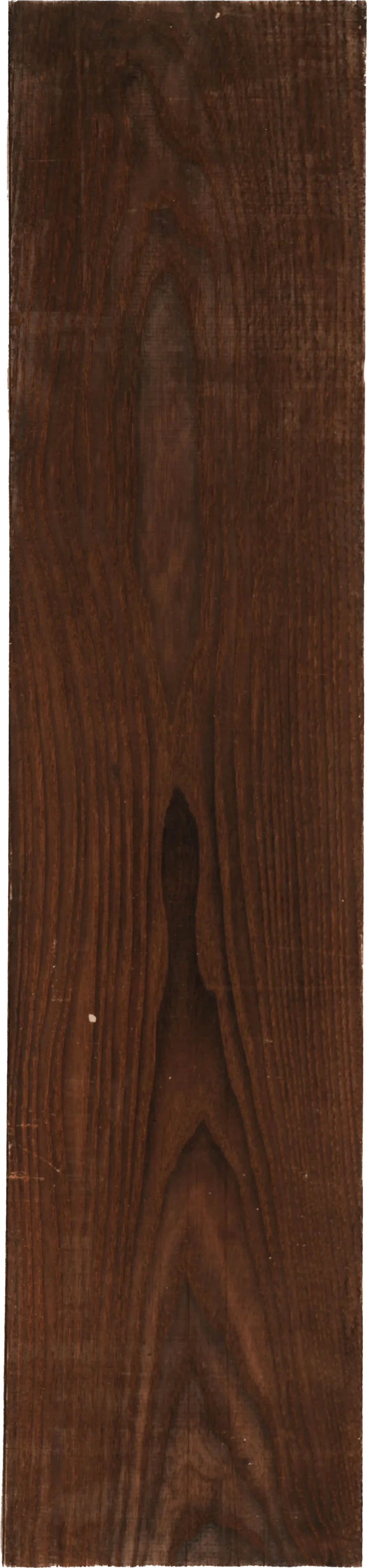 ash wood species Long vertical dark brown wooden plank with pronounced vertical grain and repeating oval knot patterns, showing slight wear, minor scratches, and a small white speck.