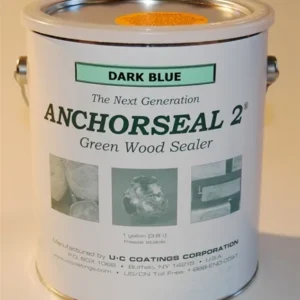 Anchorseal Dark Blue Gallon. One-gallon metal can with a handle labeled "Anchorseal 2 Green Wood Sealer" featuring the tagline "The Next Generation," a "Dark Blue" color swatch at the top, and three small product photos on the front.