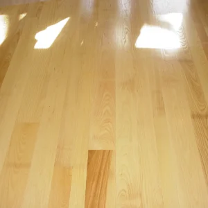 Ash Flooring. Shiny light-colored hardwood floor with parallel wooden planks and visible grain, bright sunlight reflections near the top, and a slightly darker plank near the center.