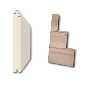 Beaded Wood Paneling Two beaded paneling samples side by side: left a cream-colored cross-section showing a tongue-and-groove beaded profile, right three natural wood planks stacked in a stepped arrangement with the caption Beaded Paneling TW611 beneath.