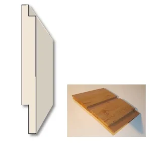 Channel Rustic Siding. Side-view diagram of a channel rustic siding profile at left and an angled photo at right showing two wooden channel-siding boards with parallel recessed grooves, labeled Channel Rustic Siding TW630.