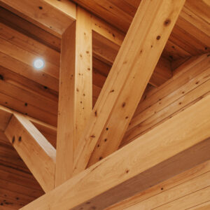 Exposed light-wood ceiling with angled timber beams, visible knots and grain, and two recessed round lights.
