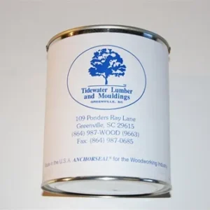 Tidewater End Seal Clear Quart White cylindrical tin can labeled Tidewater Lumber and Mouldings with a blue tree logo and printed contact information, sitting on a plain light background.