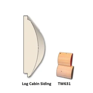 Log Cabin Siding Curved log-cabin siding profile drawing on the left and two light-wood curved siding pieces stacked on the right, with text labels “Log Cabin Siding” and “TW631” beneath.