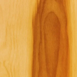 Natural Birch Plywood Close-up of light honey-colored wood grain showing a prominent dark oval knot and vertical grain patterns.
