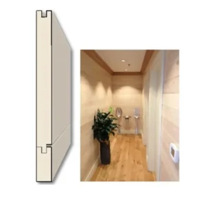 Nickel Gap Wood Paneling Left, a cross‑section drawing of an interlocking tongue‑and‑groove wall panel; right, a narrow hallway with light horizontal wood wall panels and a hardwood floor, recessed ceiling lights, a tall potted plant along the left wall, a thermostat on the right wall, and small decorative pieces at the far end.