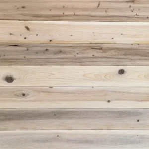 Penny Groove Wood Paneling Close-up of horizontal wooden planks showing natural grain, knots, and alternating pale and grayish tones.