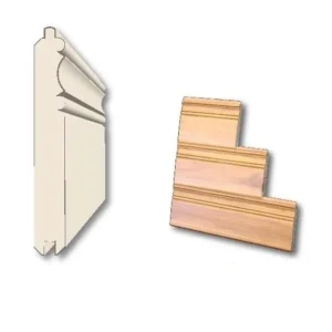 Pickwick Wood Paneling Left, a cream-colored drawn cross-section of an ornate crown molding profile; right, three natural wood molding samples stacked like steps showing matching decorative grooves.
