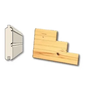 TG Beaded Wood Paneling Cross-section diagram of a tongue-and-groove board on the left and three light pine tongue-and-groove planks joined in a stepped arrangement on the right, showing wood grain and knots on a white background.