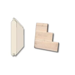 TGV Groove Wood Paneling Beige cross-section diagram of a tongue-and-groove panel at left and three light pine planks arranged in a staggered, interlocking stepped shape on a white background.