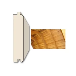 TGV Roof Wood Decking Cross-sectional illustration of an insulated tongue-and-groove panel at left and a photograph at right showing a warm-toned wooden vaulted ceiling with exposed beams and tongue-and-groove planking.