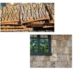 Poplar Bark Siding Two photos of poplar bark siding: a close-up of stacked, ridged bark shingles showing rough, layered texture, and an installed view of the bark siding on a house around a dark-framed window reflecting greenery.