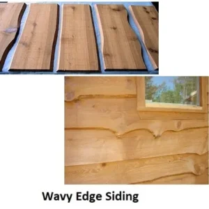 Wavy Edge Siding Four unfinished wooden boards with natural grain and irregular wavy edges above a house exterior photo showing horizontal wavy-edge wood siding installed around a window, captioned 'Wavy Edge Siding'.
