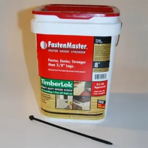 TimberLOK Heavy Duty Wood Screw White plastic bucket with a red lid labeled FastenMaster TimberLok heavy-duty wood screws, sitting on a white surface with a long black wood screw placed in front of it.