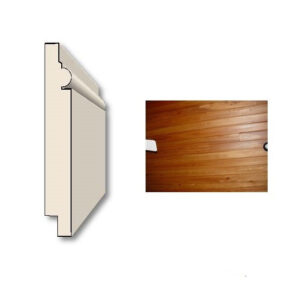 Beaded Lap Wood Paneling Illustration of a decorative wood molding cross-section with a rounded bead on the left and a photograph of horizontal reddish-brown wooden planks with visible grain and knots on the right.