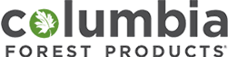 Columbia Forest Products logo: lowercase 'columbia' with the 'o' replaced by a green circle containing a stylized leaf, and 'FOREST PRODUCTS' in smaller uppercase letters underneath.