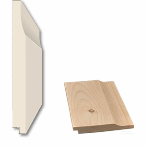 105 Drop Siding. 105 Drop Siding. Two siding samples on a white background: at left a beige illustrated cross-section labeled 105 Drop Siding showing a beveled face and recessed lower edge, at right a natural wood plank labeled TW628 with visible grain and a small knot.