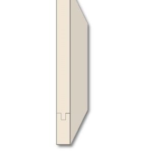 Center Match Paneling. Edge-on diagram of a beige tongue-and-groove wall panel illustrating a center-match joint with no gap, showing the interlocking tongue and groove and a chamfered outer face.