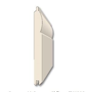German V-Groove Wood Paneling Side-view illustration of a beige German V-groove siding profile showing a tongue-and-groove bottom edge and a curved V-shaped face, with the label "German V-Groove Siding TW618" beneath.