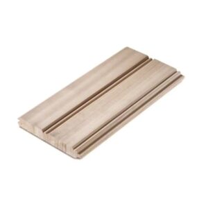 Beaded Ceiling. Two unfinished light-colored wooden molding strips with several parallel grooves along their lengths, stacked on a white background