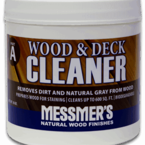 Messmer's Wood & Deck Cleaner White plastic jar labeled 'Wood & Deck Cleaner' with a brown wood-grain label and blue band showing 'Messmer's Natural Wood Finishes' and a small 'Part A' badge.