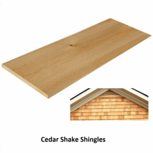 Shake Siding. Light brown cedar shake shingle plank shown at an angle on a white background with a small inset photo of a roof gable covered in overlapping cedar shake shingles and the caption 'Cedar Shake Shingles'.