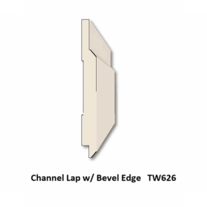 Channel Rustic with Bevel Edge Siding. Beige cross-sectional diagram of a channel lap siding profile with a bevel edge, labeled TW626.