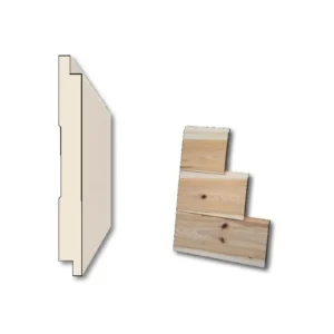 Shiplap Wood Paneling Beige cross-section diagram of an interlocking tongue-and-groove board profile on the left and three staggered natural wood planks with visible grain and knots on the right against a white background.