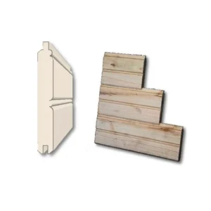 TGV Beaded Back Wood Paneling Profile illustration of a tongue-and-groove shiplap board at left and a stepped stack of unfinished horizontal pine siding boards at right on a white background.