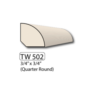 Quarter-round wood molding profile labeled TW 502, 3/4 in x 3/4 in, beige curved cross-section.