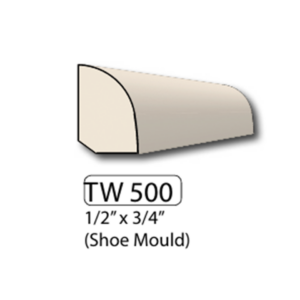 Shoe moulding profile labeled TW 500, 1/2 x 3/4 inches, rounded top blending into flat base
