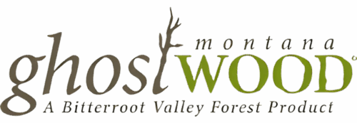 Logo reading “ghostwood” with ‘ghost’ in brown script (a thin tree branch forming the ’t’), ‘wood’ in green letters, small ‘montana’ above and the tagline ‘A Bitterroot Valley Forest Product’ below.