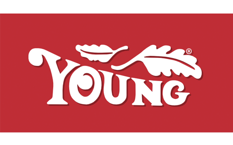 Stylized white YOUNG logo with two oak leaves above and a small ® on a solid red background.